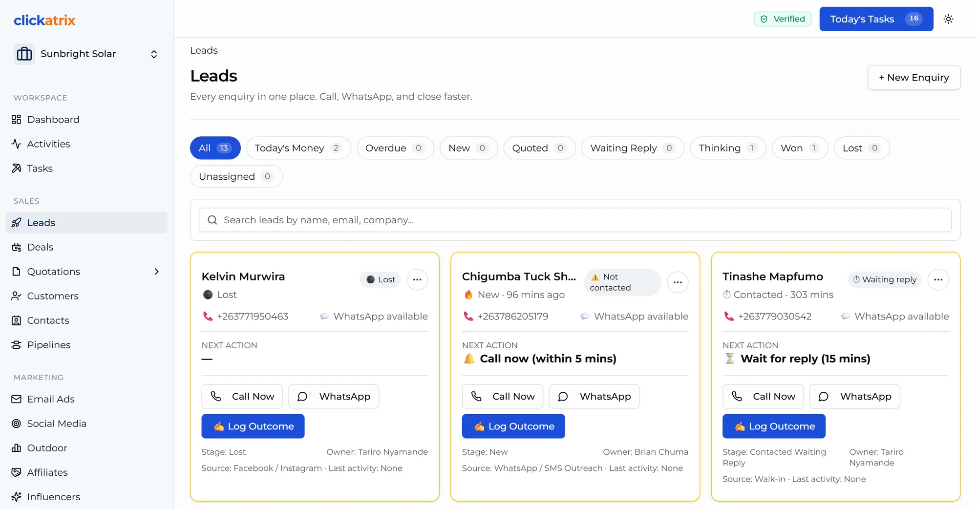 The Clickatrix leads list: each enquiry shows its stage, owner, source and next action, with Call Now, WhatsApp and Log Outcome buttons.
