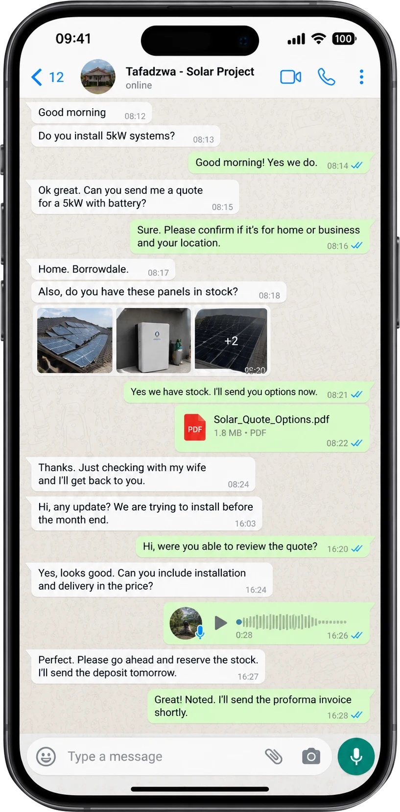 A WhatsApp enquiry about a 5kW solar system: the customer asks for a quote, shares photos, goes quiet, then chases for an update eight hours later before agreeing to pay a deposit.